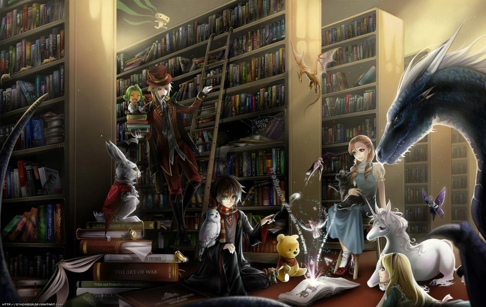 drawing of a library filled with fantasy characters